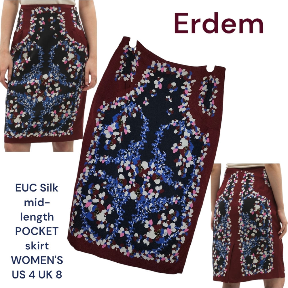 Erdem Women's 100% silk Colorful floral pencil skirt With pockets Sz 4 Luxury